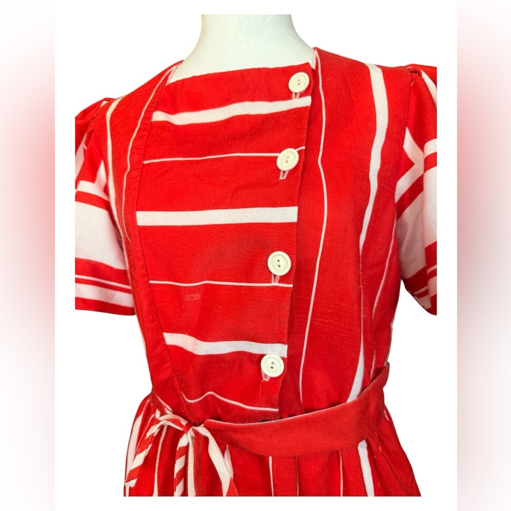 Vintage Red and White Puff Sleeve Midi Dress, Sailor Buttons - Picture 3 of 6